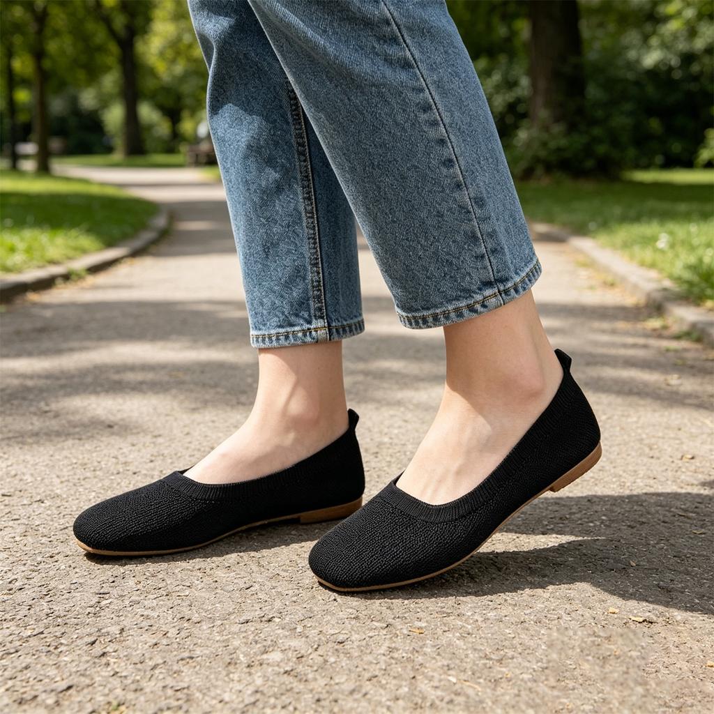 Women's Plus Size Breathable Flyknit Casual Round Toe Slip On Flats Lightweight Flexible Sole Comfortable Walking Shoes