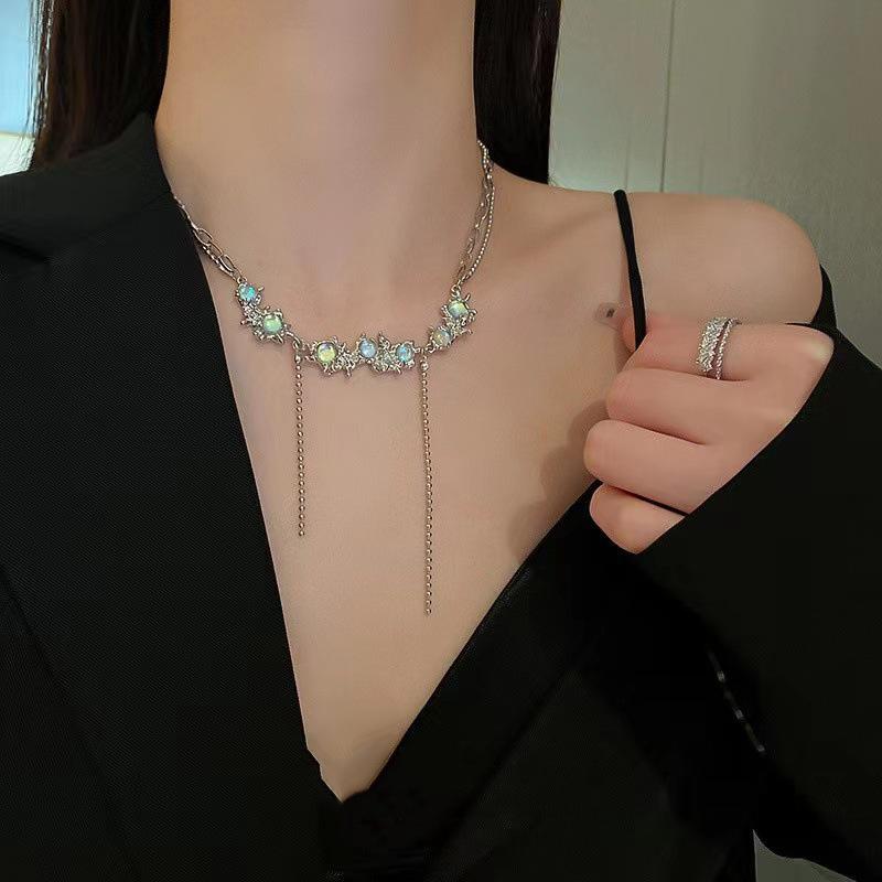 JWER Trendy Bling Moonstone Star Cross Pendant Necklace for Women Punk Hip Hop Star Chain CrystalNecklace Party Jewelry Gift