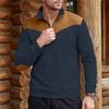 Herbst Winter Herren Color Block Sweatshirt Vertikal Rippstrick Halber Reißverschluss Stehkragen Pullover Wildlederflicken Schulter Ellbogen Vintage Lässig Langarm Oberteile