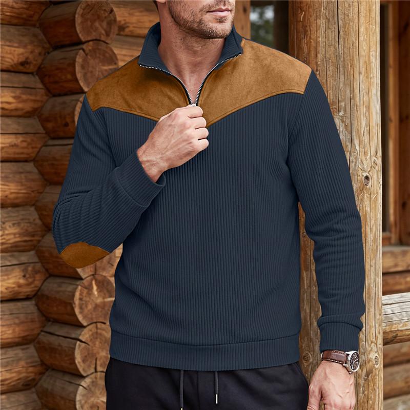 Herbst Winter Herren Color Block Sweatshirt Vertikal Rippstrick Halber Reißverschluss Stehkragen Pullover Wildlederflicken Schulter Ellbogen Vintage Lässig Langarm Oberteile