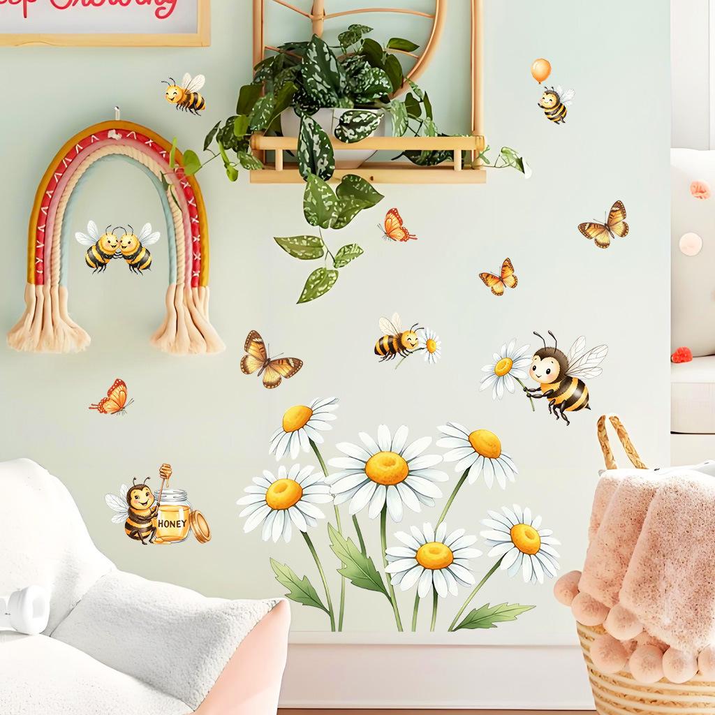 Daisies Flowers and Butterfly Bee Party Wall Stickers, Removable Anti-Static Self-Adhesive Vinyl Decals for Kids Room Living Room Bedroom Decoration