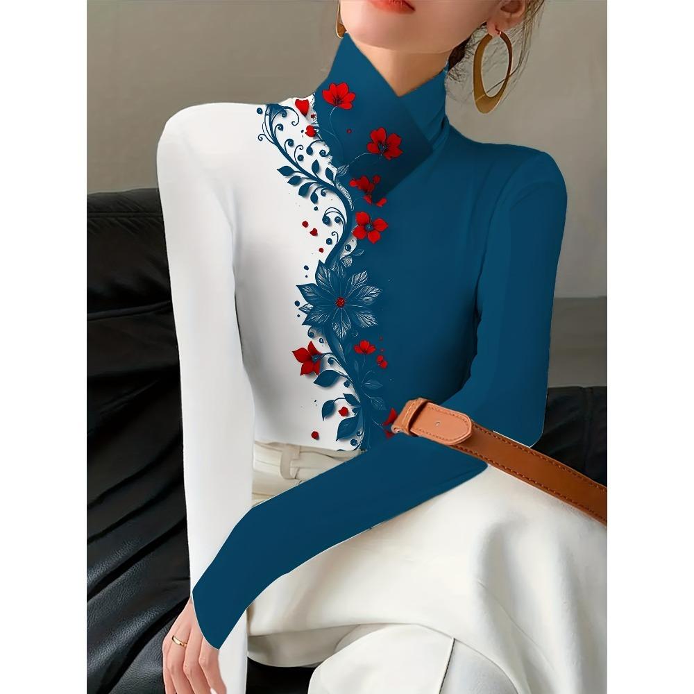 Women's Printed Cheongsam Collar Slim-fitting Long-sleeved T-shirt, Elegant Long-sleeved Bottoming Shirt, Spring and Autumn Women's Clothing