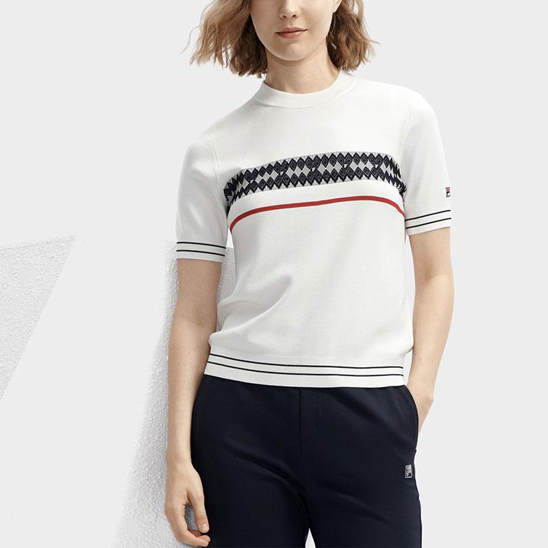 Fila Diamond Casual Round Neck Short Sleeve Knit Top Women Tops Steam-White F11W411404F-IV