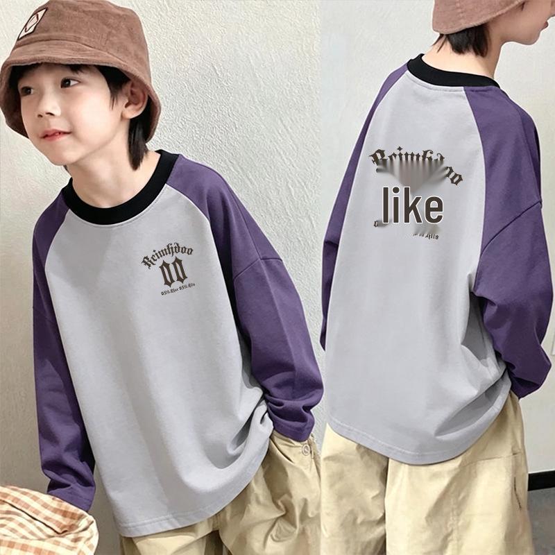 Boys' Color Block Round Neck Long Sleeve Cotton T-Shirt - Spring/Autumn Trendy Base Layer Top