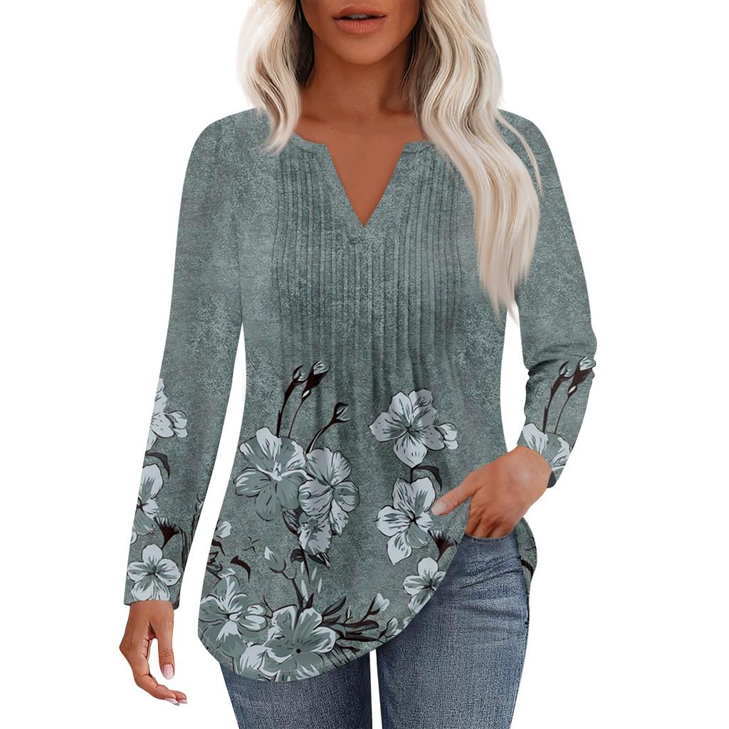 Moda Donna Casual Pieghettata Scollo a V Tinta Unita Manica Lunga Maglietta Top Eleganti