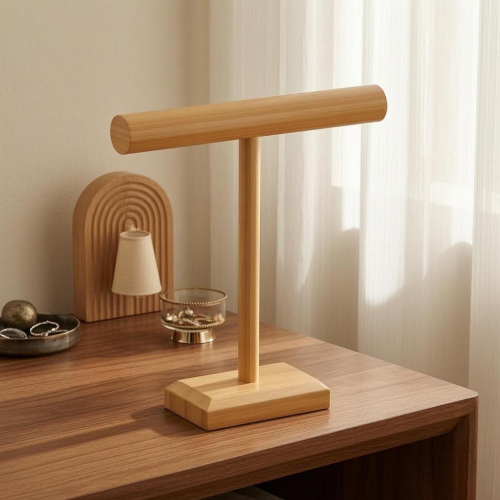 SingleTier Jewelry Stand with Display Rod SpaceSaving Wooden Stable