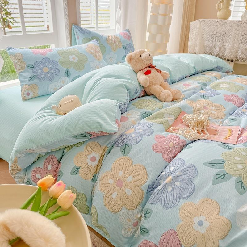 Class A maternal and infant grade, jacquard aerobic colored cotton, skin-friendly, comfortable, simple and literary 4pcs set on the bed