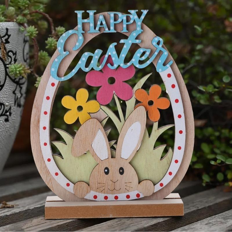 92MF Easter Wooden Ornament 2025 Painted Flower Rabbit Happy Easter Party Decoration