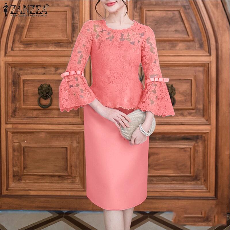 ZANZEA Women Casual Lace Patchwork 3/4 Sleeve Elegant Sheath Dress