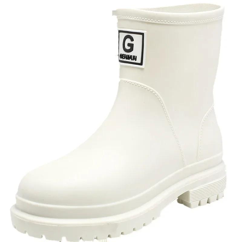 New Windproof Rain Boots Women Leather Mid-calf Rainboots Fashion Elastic Band Rain Shoe Ladies Cotton Waterproof Work Boot2025