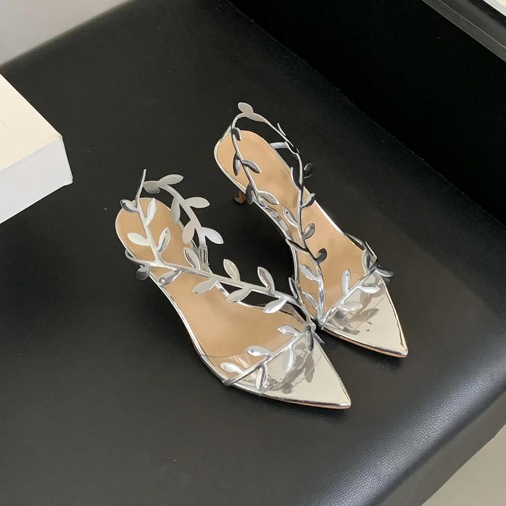 Gladiator Women Sandals Pointed Toe Summer Dress Shoes PVC Jelly Pumps Thin High Heels Sandals Back Strap Stiletto Fashion 35-39