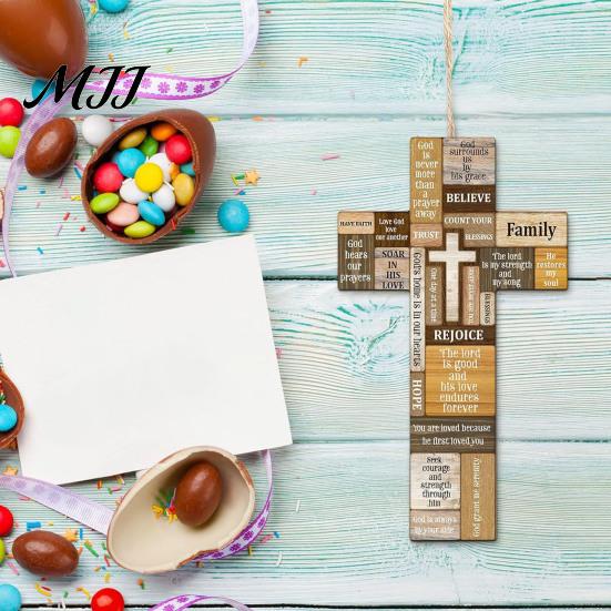 Farmhouse Living Room Decor Easter Wooden Cross Ornament, Rustic Hanging Pendant with Hemp Rope Faith Wall Sign for Decor, Religious Home Decoration,