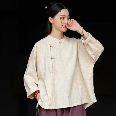 Camicie Top da Donna Stile Cinese Autunno Tinta Unita Bottoni Larghi Stand Maniche Lunghe