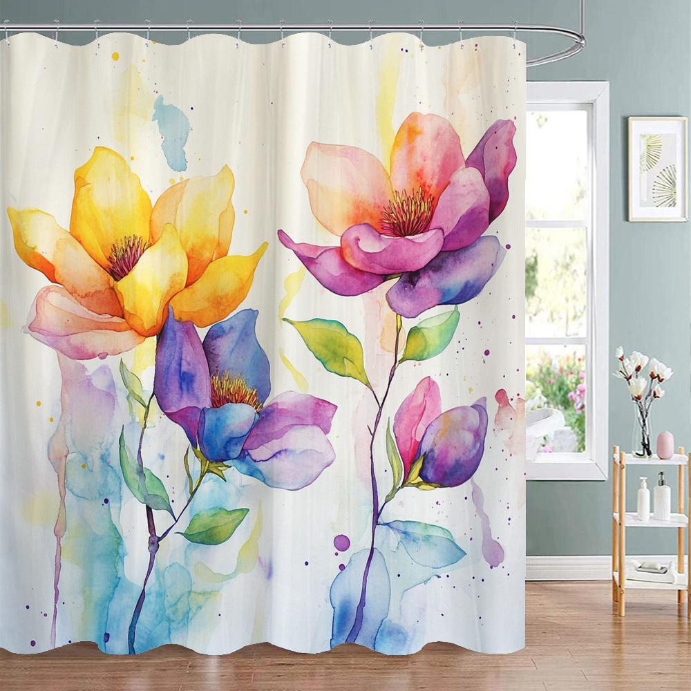 1pc Beautiful Blue Flowers Shower Curtain, Bathroom Decorative Curtain, Floral Printed Polyester Home Curtain with Hooks