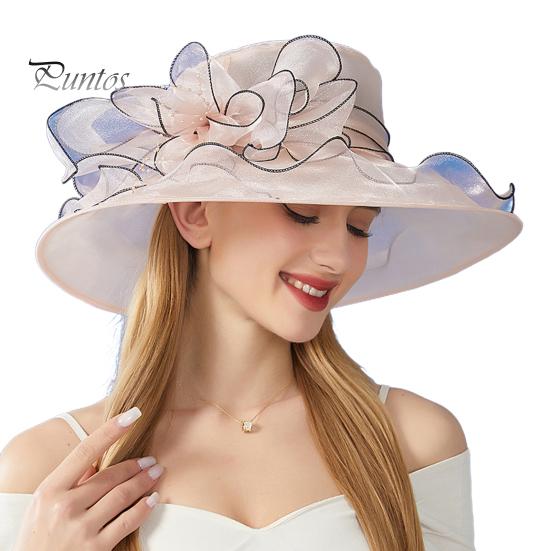 Chapeau de soleil à large bord en organza avec fleurs et plumes, protection UV, matériau translucide, pour femme