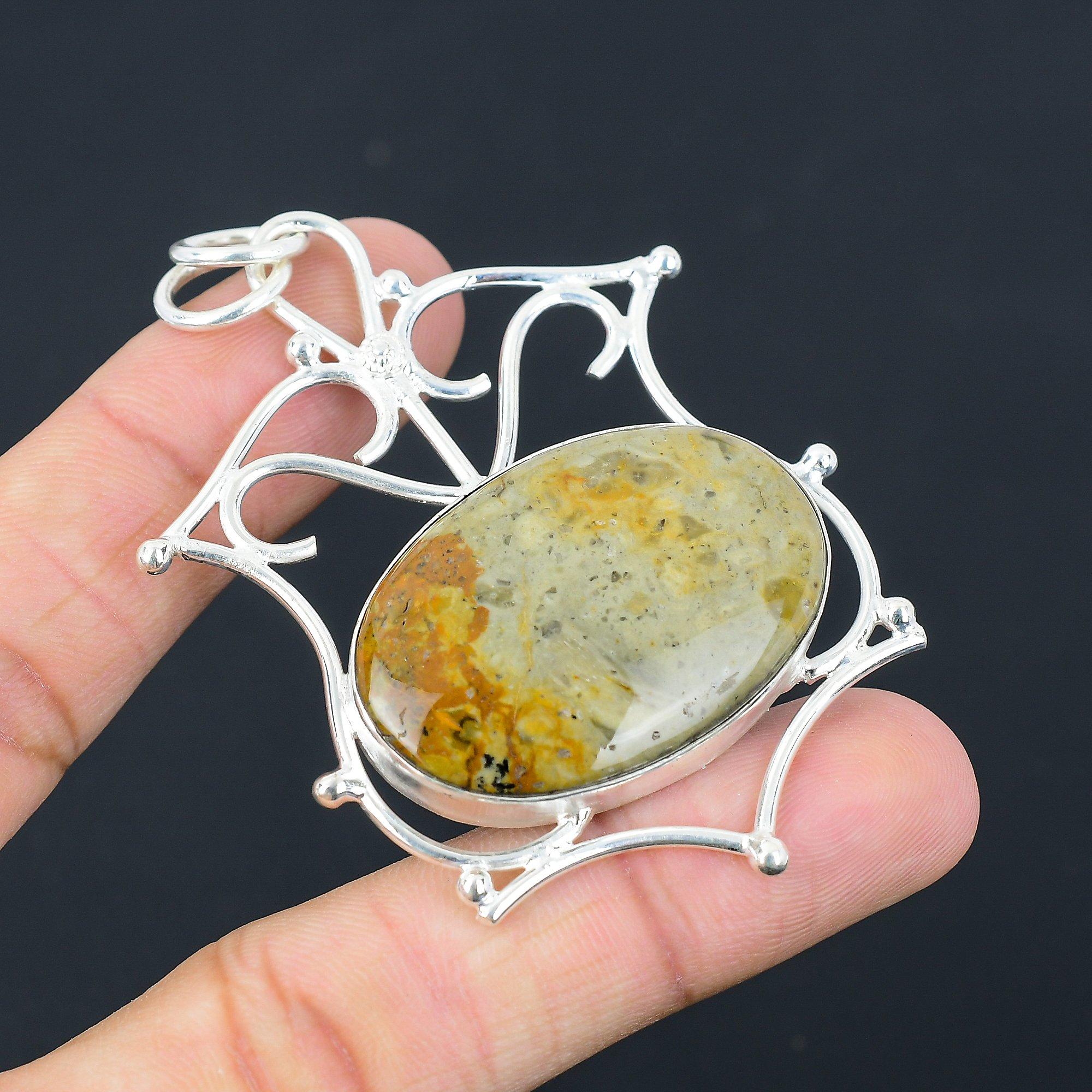 Oval Polychrome Jasper Gemstone Art Deco Trendy Pendant Jewelry Sterling Silver