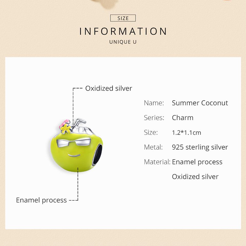 WOSTU Authentic Sterling Silver 925 Summer Coconut Charm Green Enamel Beads DIY Bracelet