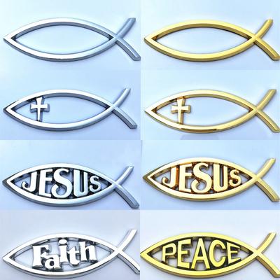 1 PIEZA 14x4.5cm Pez de JESÚS Cromo plateado Artesanía cristiana Pegatina para coche de ABS Emblema PAZ FE Insignia 3D Calcomanía Accesorios para coche