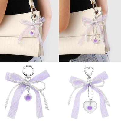 Delicate Ribbon and Beaded Bowknot Keyring Fashionable Bows Bag Pendant Unique Keychain Jewelry Gift For Everyday Use