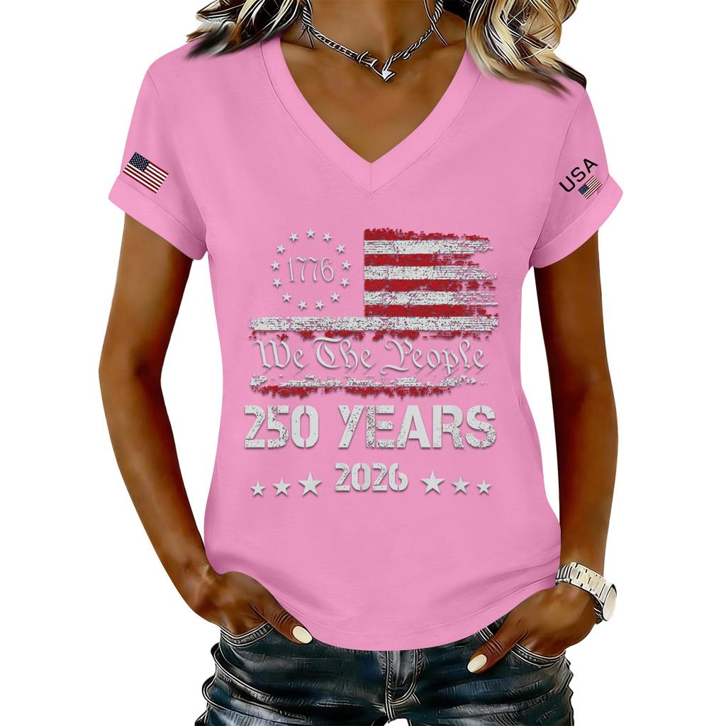Women's Fashionable V-Neck Casual Retro Print Short Sleeved T-shirt Top