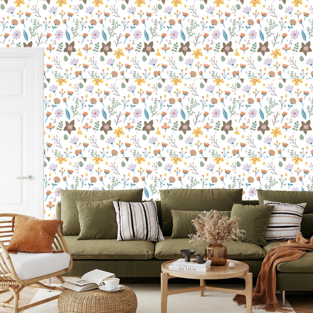 Wildflowers Wallpaper White and Light Gray for Living Room and Bedroom 50x1000