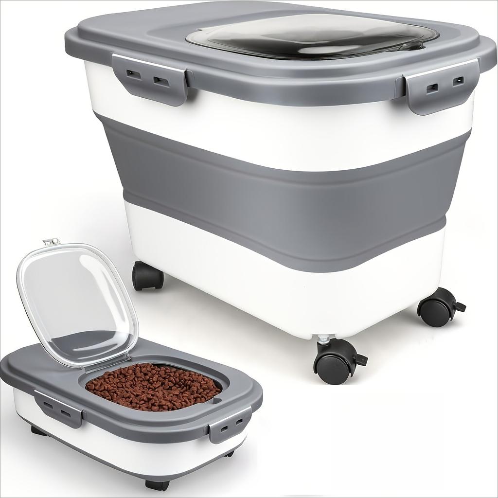 Opvouwbare luchtdichte huisdiervoerbak met wielen, inhoud 2,5–13,5 kg voer, vochtbestendig, ook geschikt voor het bewaren van granen en meel.