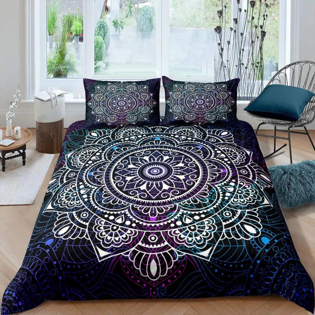 Mandala Purple Galaxy Duvet Cover Boho Chic Petal Flower Bohemian Meditation Gypsy Hippie Floral Exotic Retro Decor Women Gifts