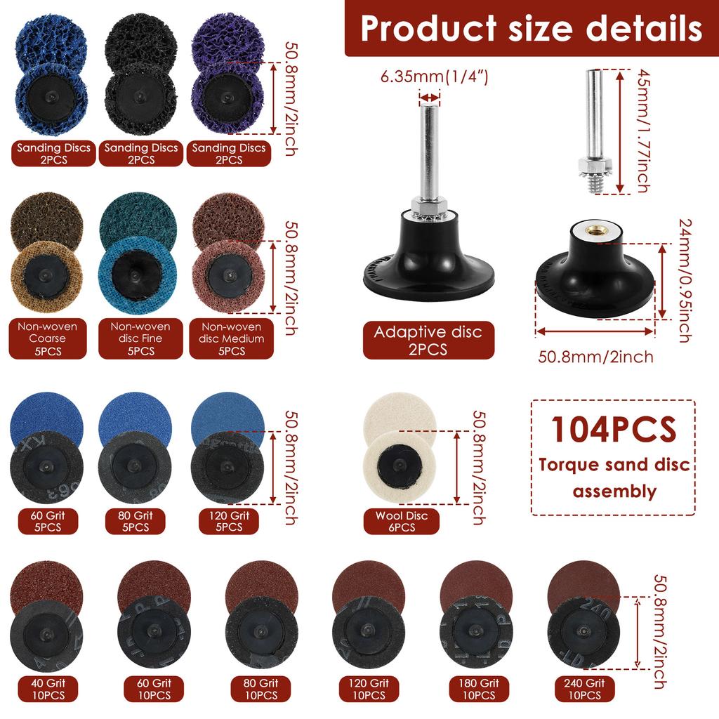 104Pcs 2" Sanding Discs Set Surface Conditioning Sanding Disc with 1/4 inch Holder for Polishing Grinding Deburring Rotary Tools