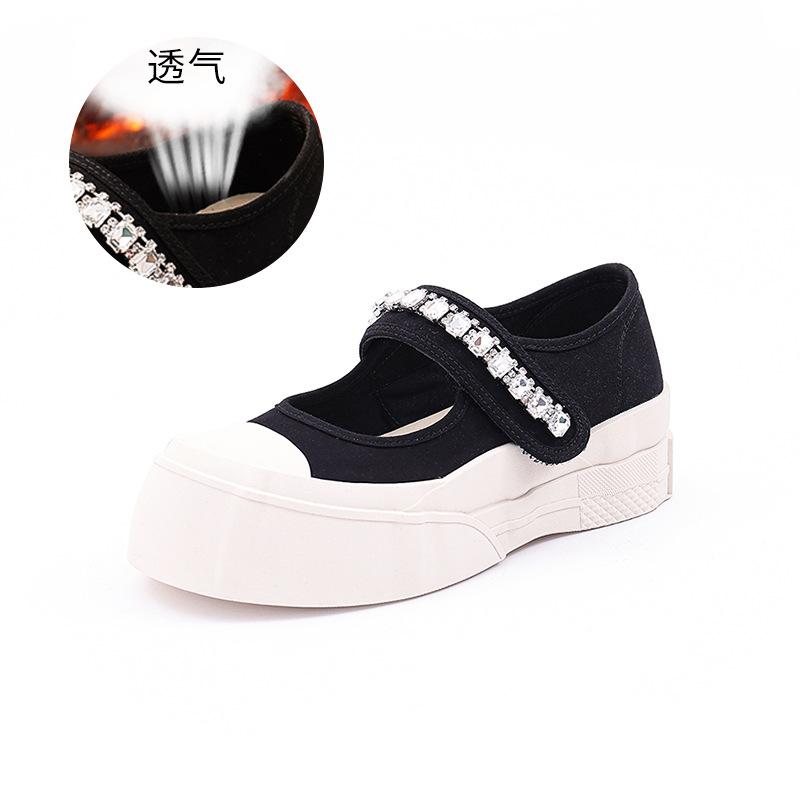 Rhinestone canvas sandals women's 2025 summer new big head Velcro Mary Jane sandals flat-bottomed small fragrant sandals