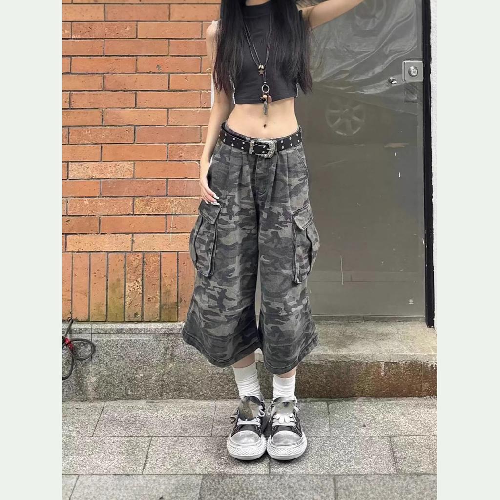 Punkové šortky Street Ležérní Léto Ženy Maskovací Harajuku Vintage Vysoký Pas Volné Šortky Y2K Široká noha Baggy Džínové šortky