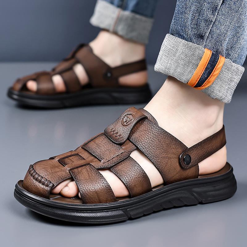 Men Black Hiking Sandals Slippers Handmade Simple Summer Brown Roman Sandals Close Toe Beach Shoes Plus Size
