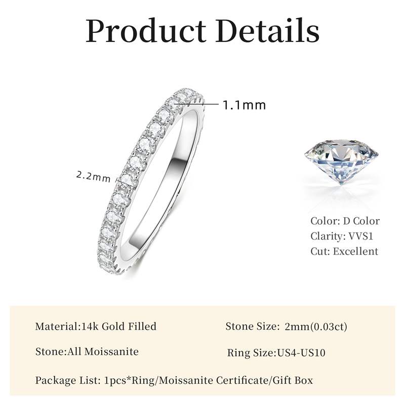 Lnngy 14k Gold Filled Wedding Band For Women Certified D Color VVS1 Lab Created 2mm Moissanite Eternity Ring Sparkling Jewelry