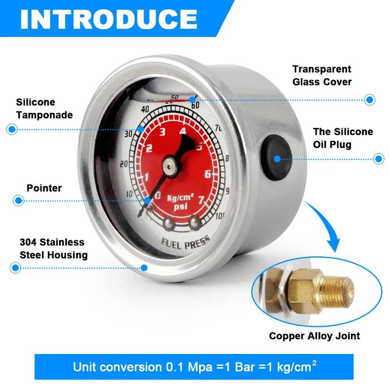 NPT 1/8 Car Fuel Oil For Honda Civic CRX Acura Mitsubishi Eclipse PSI Pressure Liquid Filled Gauge Oil Fuel Pressure Gauge
