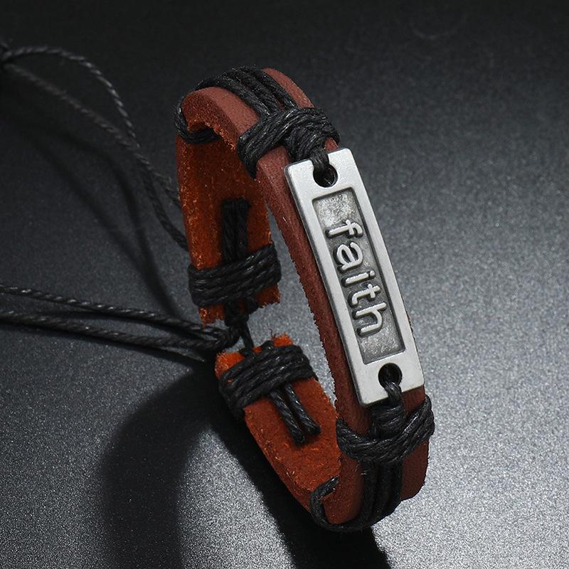 Retro Punk Metal Faith Bracelet Hand Woven Cowhide Leather Adjustable Bracelet Simple Christian Accessories Unisex  Gift
