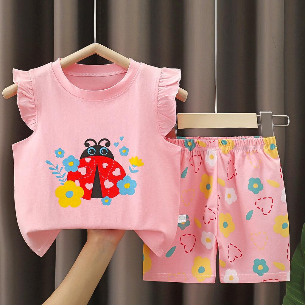 Girls' Cotton Short-sleeved Set For Summer Children's Casual Flared Shorts Two-piece Set