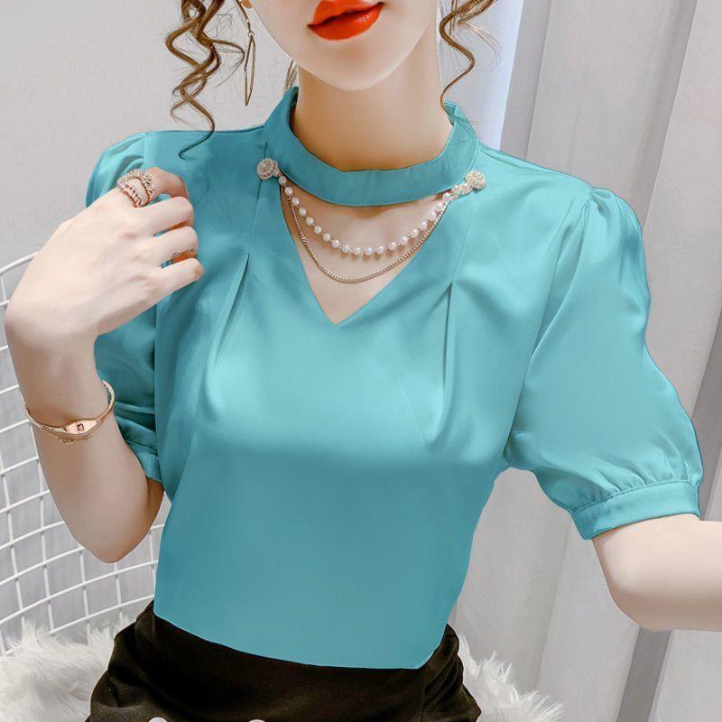 Women Summer Style Blouses Shirts Lady Fashion Casual Puff Short Sleeve O-Neck Solid Pearl Blouses Tops