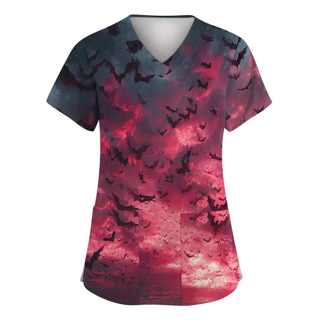 Damenmode Kurzarm Halloween Bedruckt V-Ausschnitt Tasche Arbeitskleidung Tops