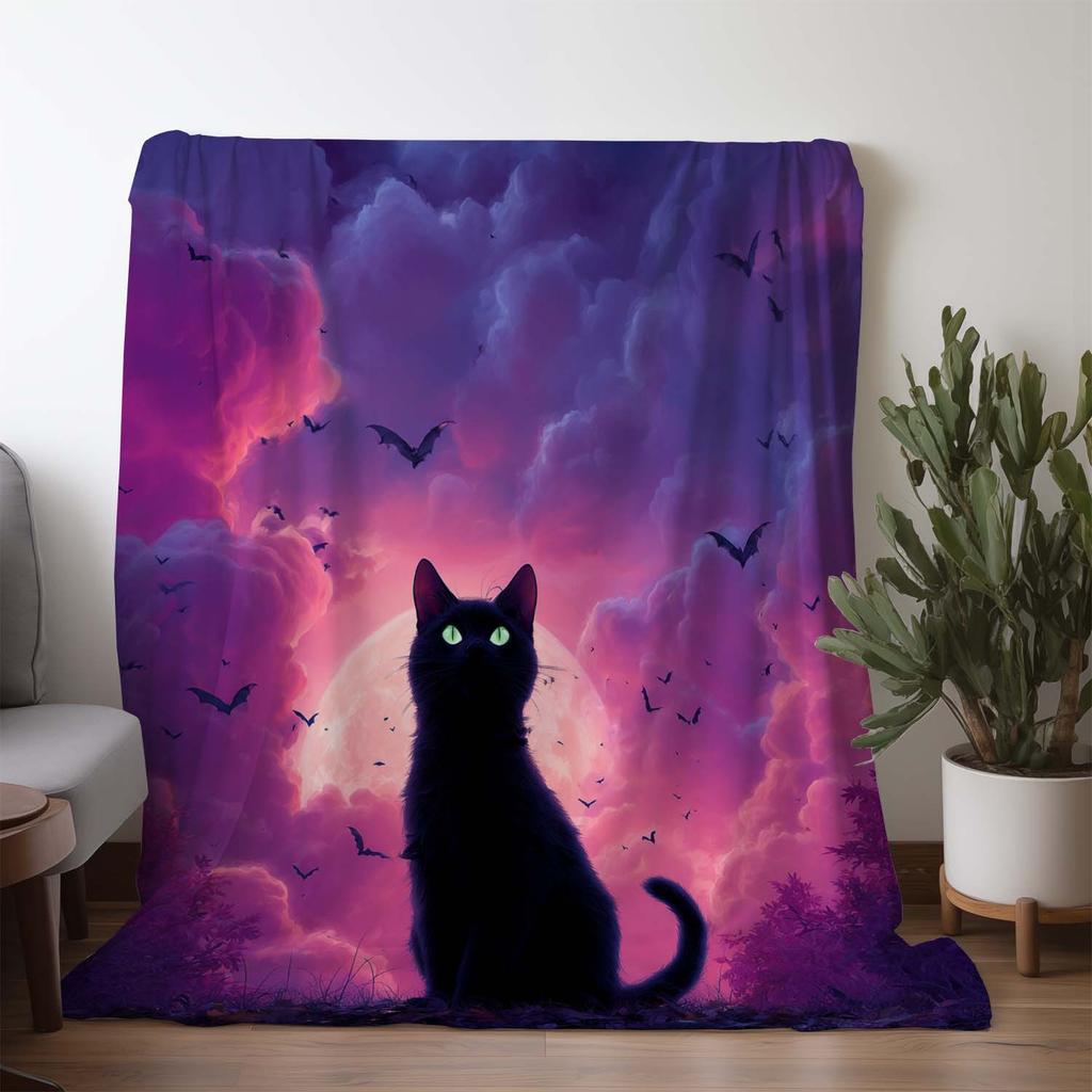 1pc Black Cat Green Eyes Moonlight Bat Print Flannel Blanket - Soft Warm Cozy Throw for Sofa Bed Car Office Camping Travel, All-