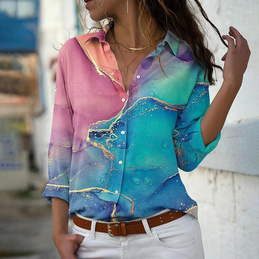 Four Seasons Women's Fashion Shirt New Printed Top Slim Fit Comfortable Women's Button V-neck Casual Loose Long Sleeve Shirt