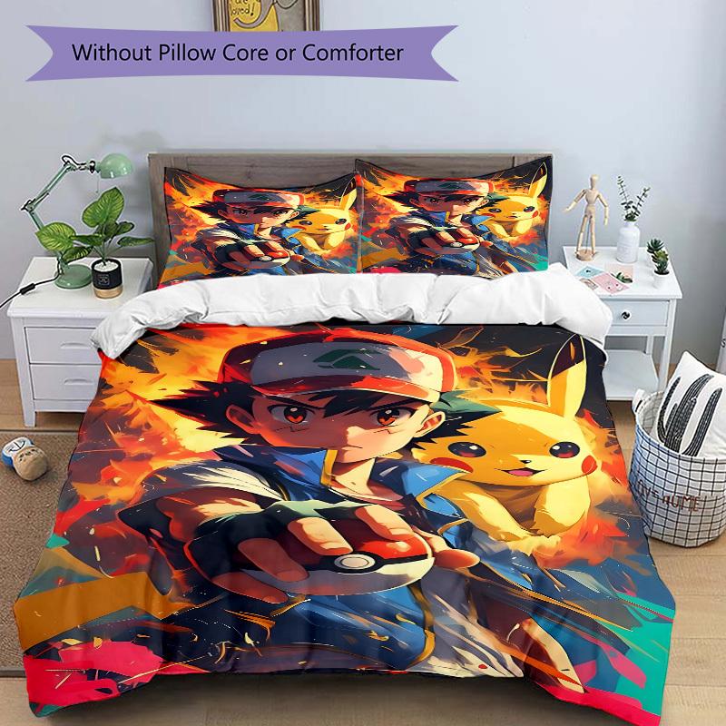 3pcs Bedding Set Pokemon Trainer Pikachu Includes 1 Comforter + 2 Pillowcases, Without Pillow Inserts, Soft Comfortable, Lightweight Breatha