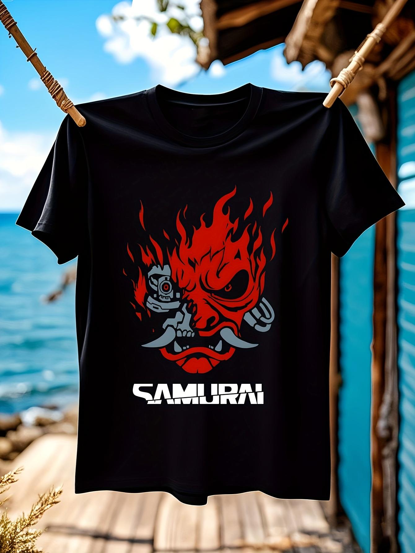 Vintage Samurai Japanese Gaming 2077 Graphic T-shirt - Retro Red & White Samurai Warrior Print S