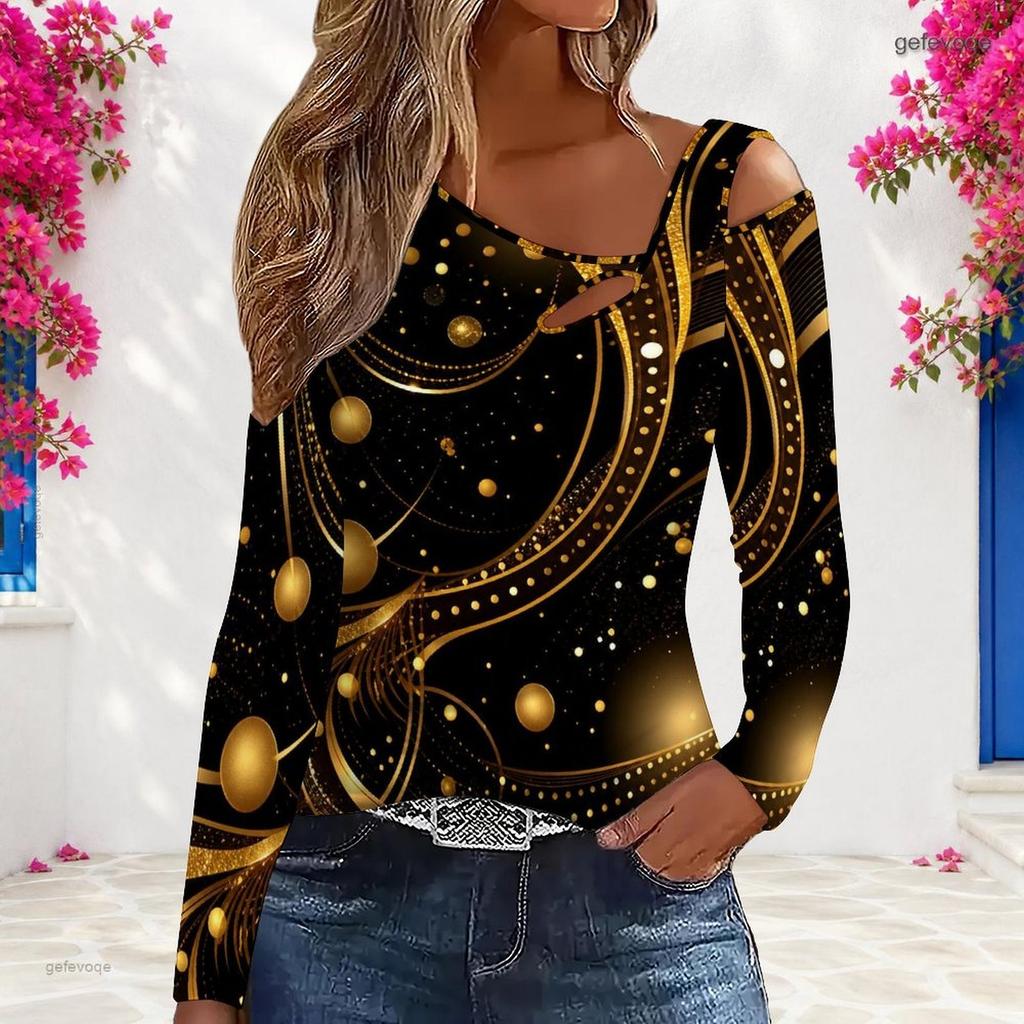 Women Plus Size Asymmetric Cutout Neck Cold Shoulder Long Sleeve Fitted Pastel Gradient Printed Top