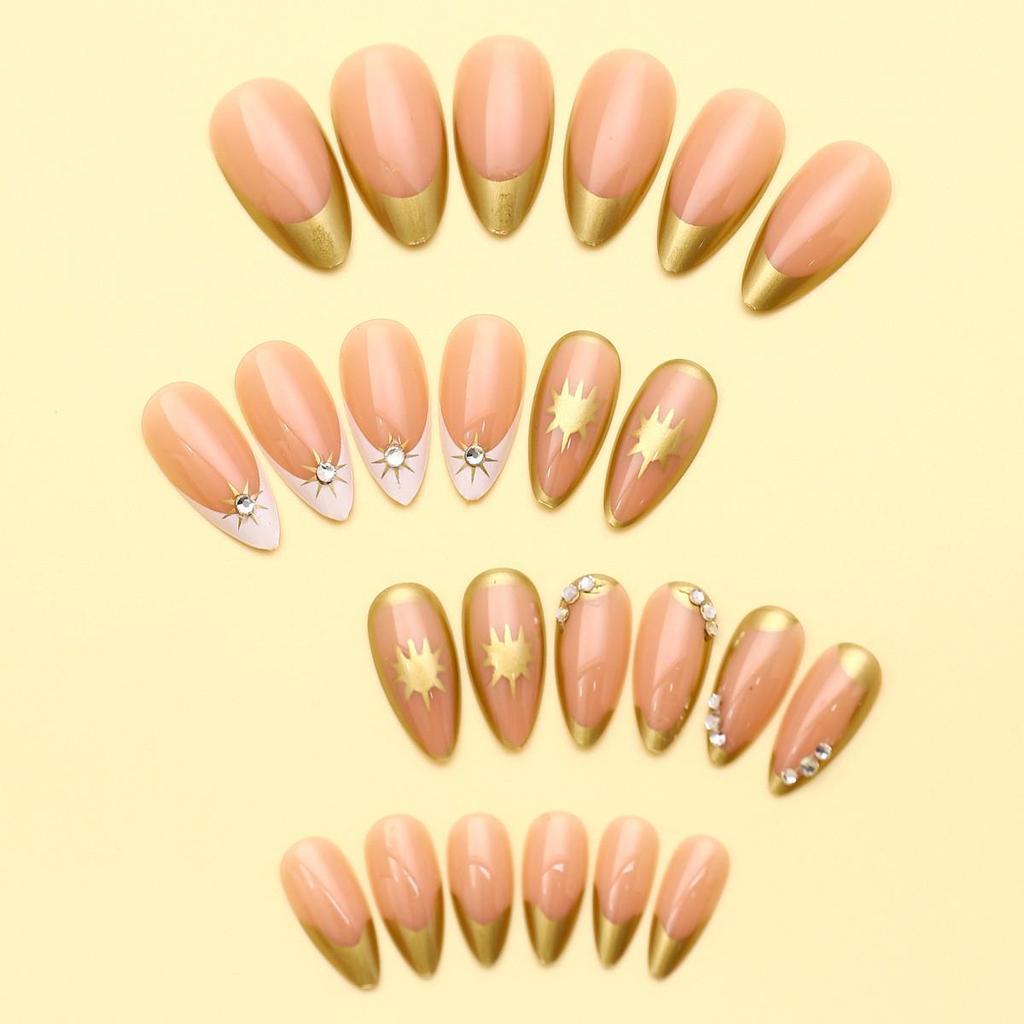 European & American Style Nude Pink Gold Almond Nails with Starry Sky Sequins