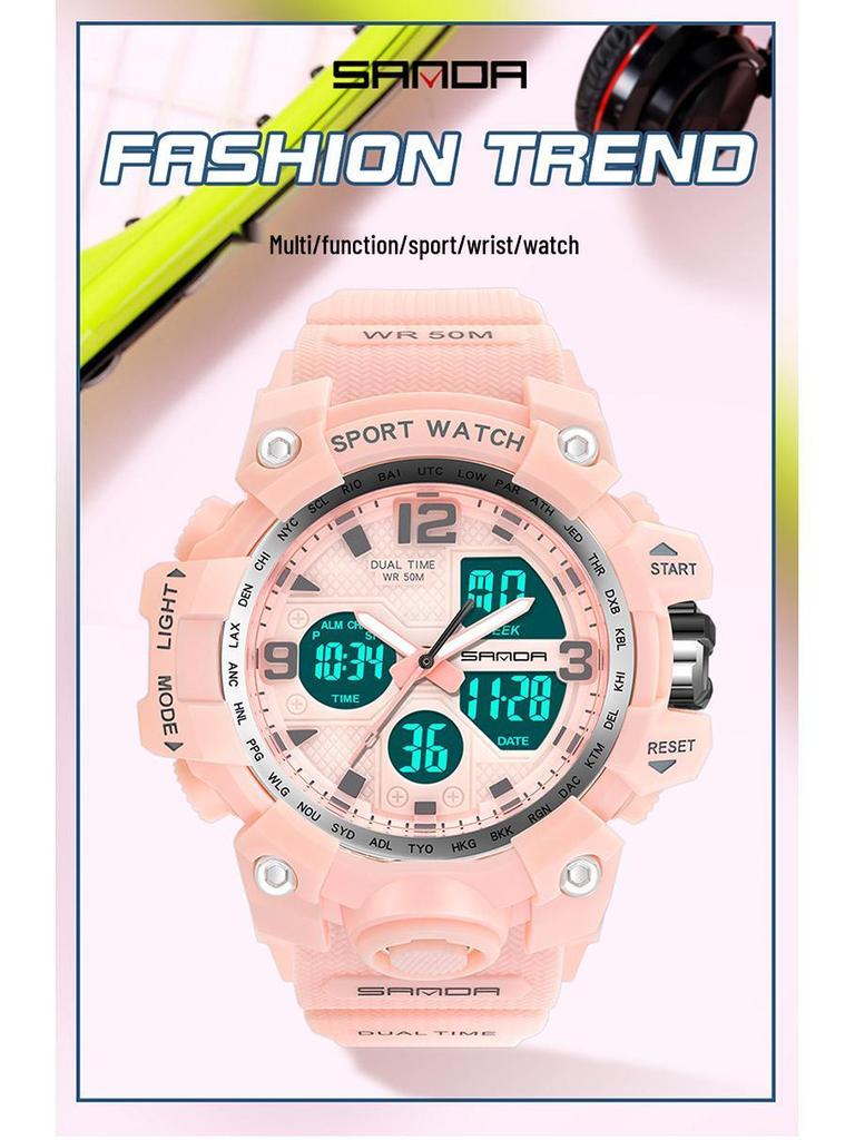SANDA Women's Trendy LED Dual Display Waterproof Watch with Hourly Chime