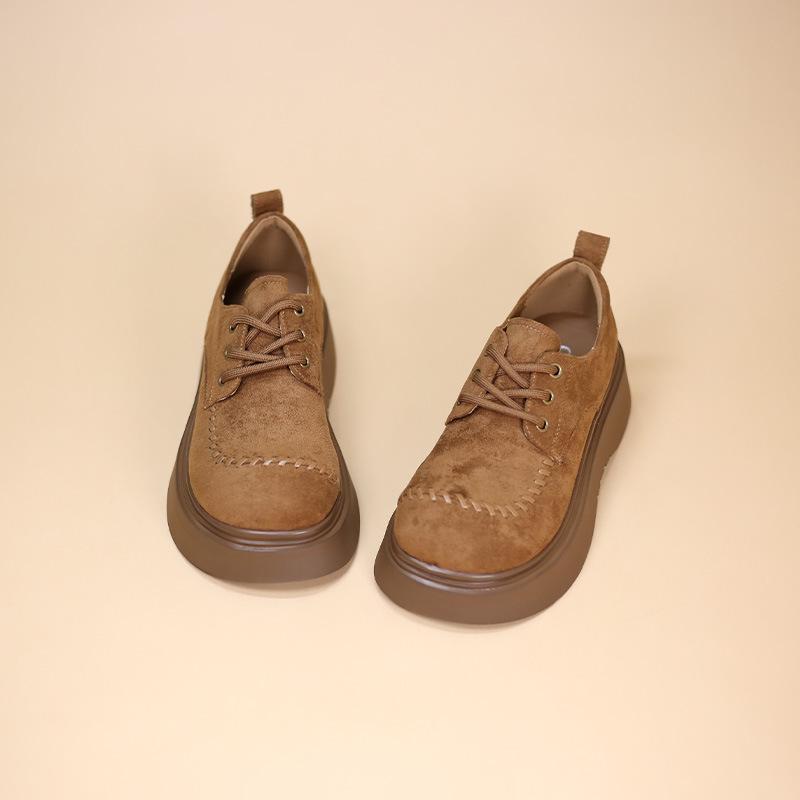 Φθινόπωρο 2025 Γυναικεία Μόδα Παχύσολα Δερμάτινα Μοκασίνια με Κορδόνια και Μπαλώματα, Στρογγυλή Μύτη, Αυξητικού Ύψους