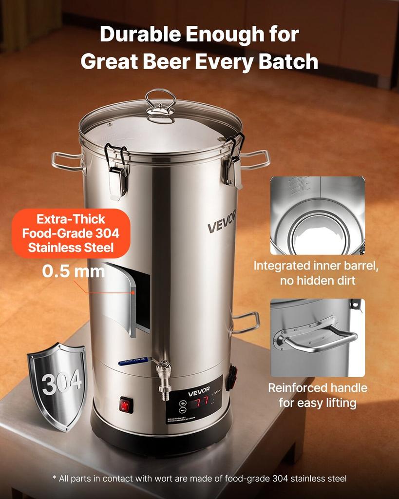 Sistema di Cottura Elettrico, Pentola di Cottura 8 Gal/30L Birraio Casalingo, Corpo in Acciaio Inossidabile 304, Dispositivo di Infusione e Bollitura con Cestello Interno Integrato e Rinforzato
