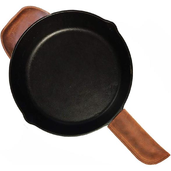 Handmade Leather Cast Iron Pot Handle Cover, Assist Pan Holder, Double Layered Heat Resistant Potholder for Cast Iron Skillets