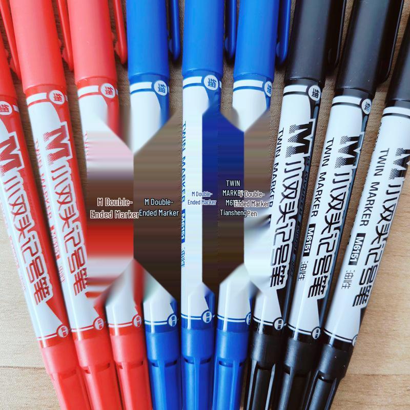 12-Piece Set: Small Double-Ended Oil-Based Marker Pens in Black, Red, and Blue for Student Art and Marking