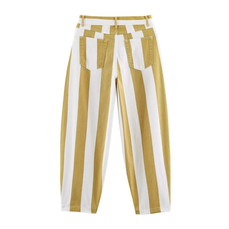 Womens High-Waisted Striped Tapered Jeans Casual Pants 2026 Cotton Blend Slim Fit