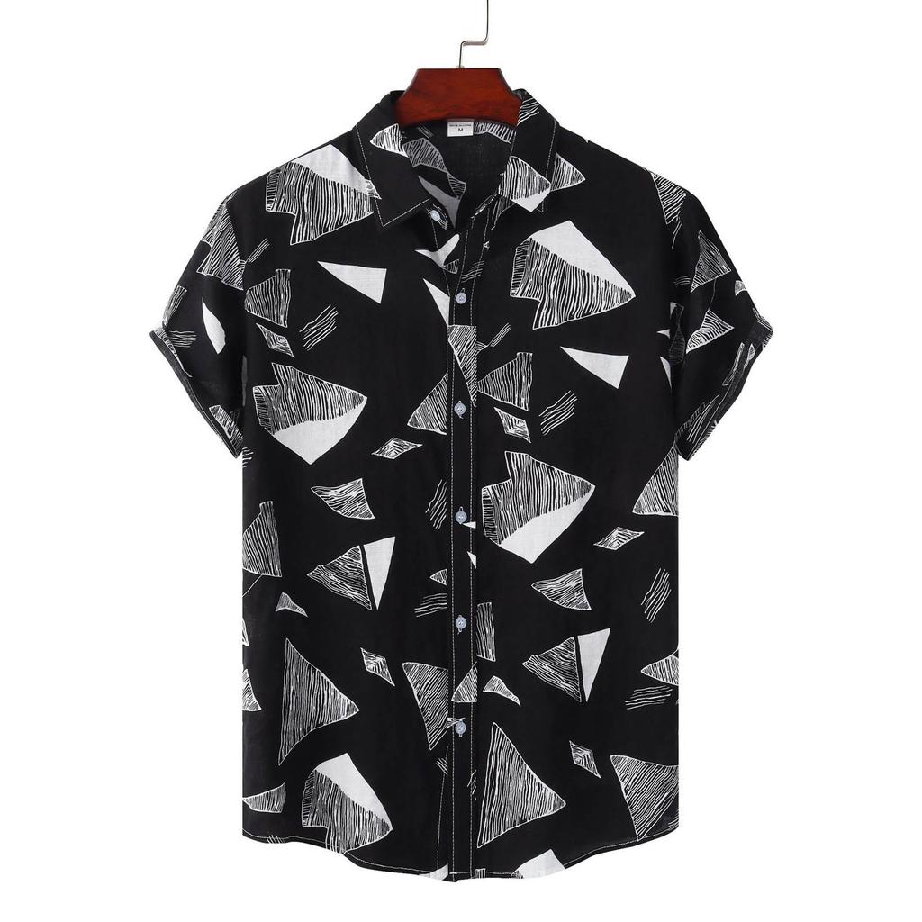 Men's Summer Casual Loose Resort Geometric Print Short Sleeve Top Beach Lapel Shirt